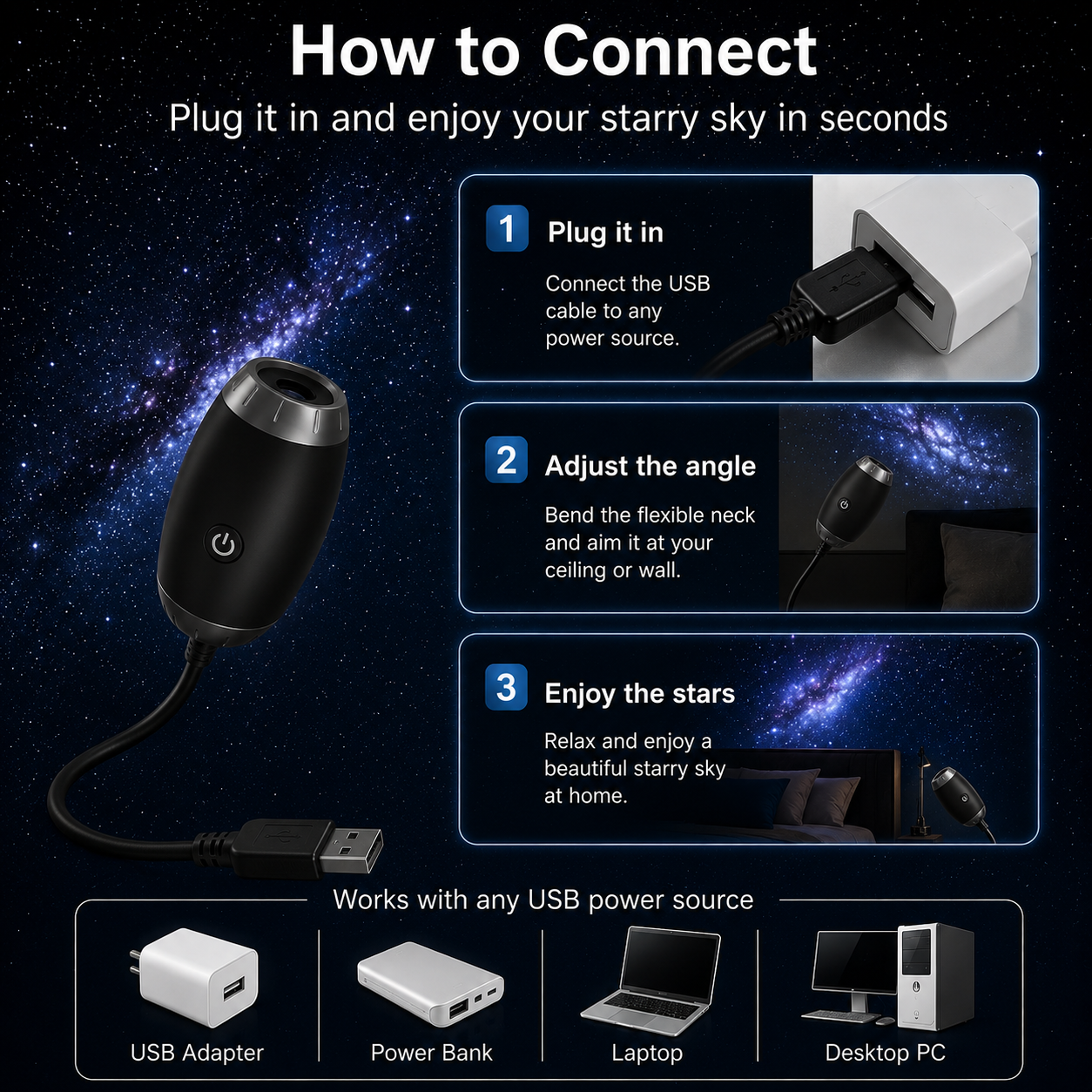 Night sky projector portable , Adjustable Brightness Control Eye‑Caring LED Night Light